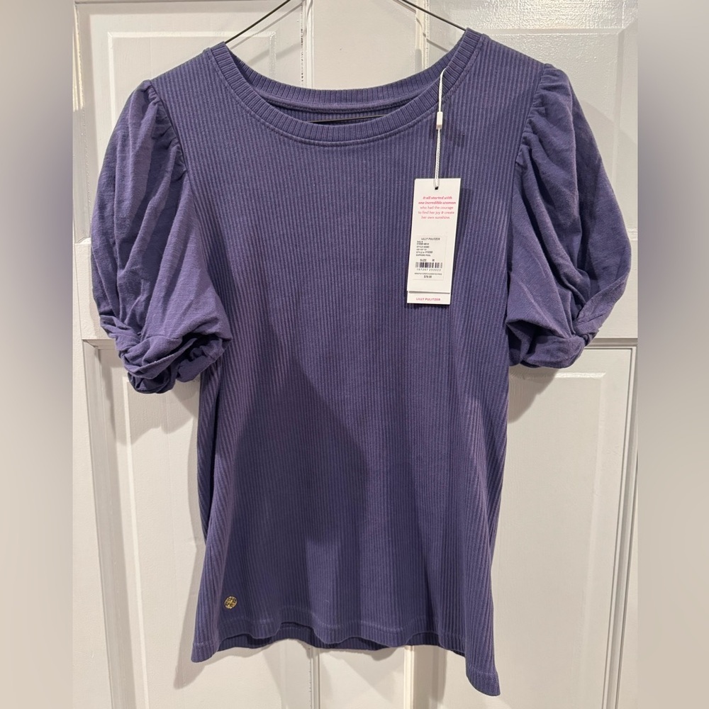 Lilly Pulitzer Igby knit Top Sapphire Pool Ribbed Puff-Sleeve Too sophisticated